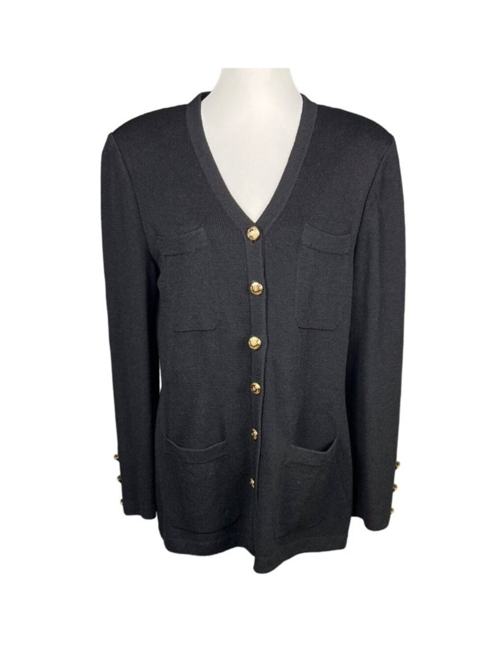 St. John Basics Black Knit Cardigan Sweater Womens Size 10 Gold Buttons